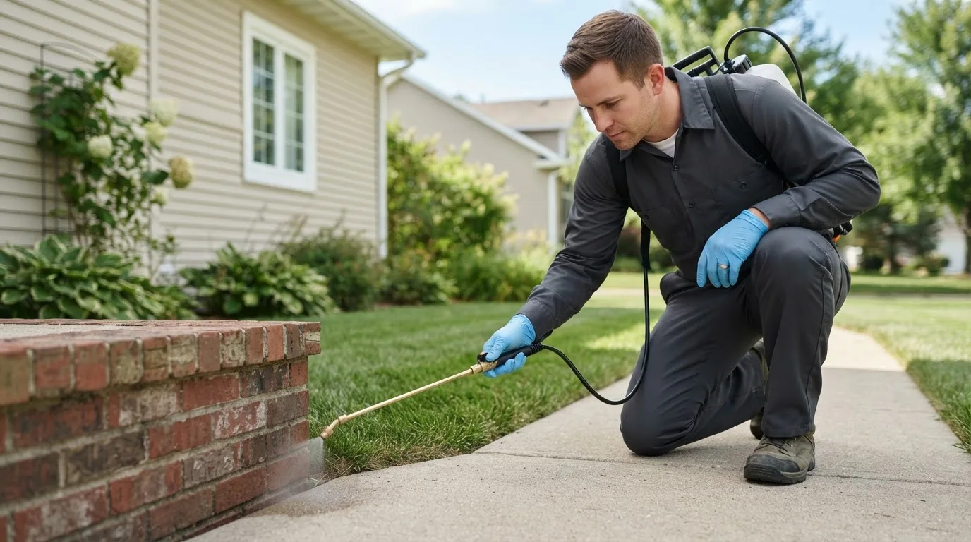 Pest control technician treating a home near Forest Lake, MN
